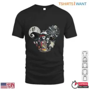Black t-shirt featuring Jack Skellington in a Santa hat with Sally, Zero, and Spiral Hill inside a mouse-ear silhouette