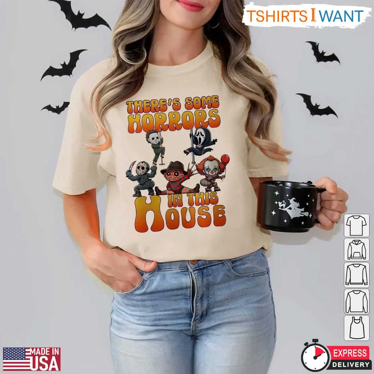 There's Some Horrors In This House T-Shirt – Cartoon Horror Movie Characters Halloween Tee 13 There's Some Horrors In This House T-Shirt Model