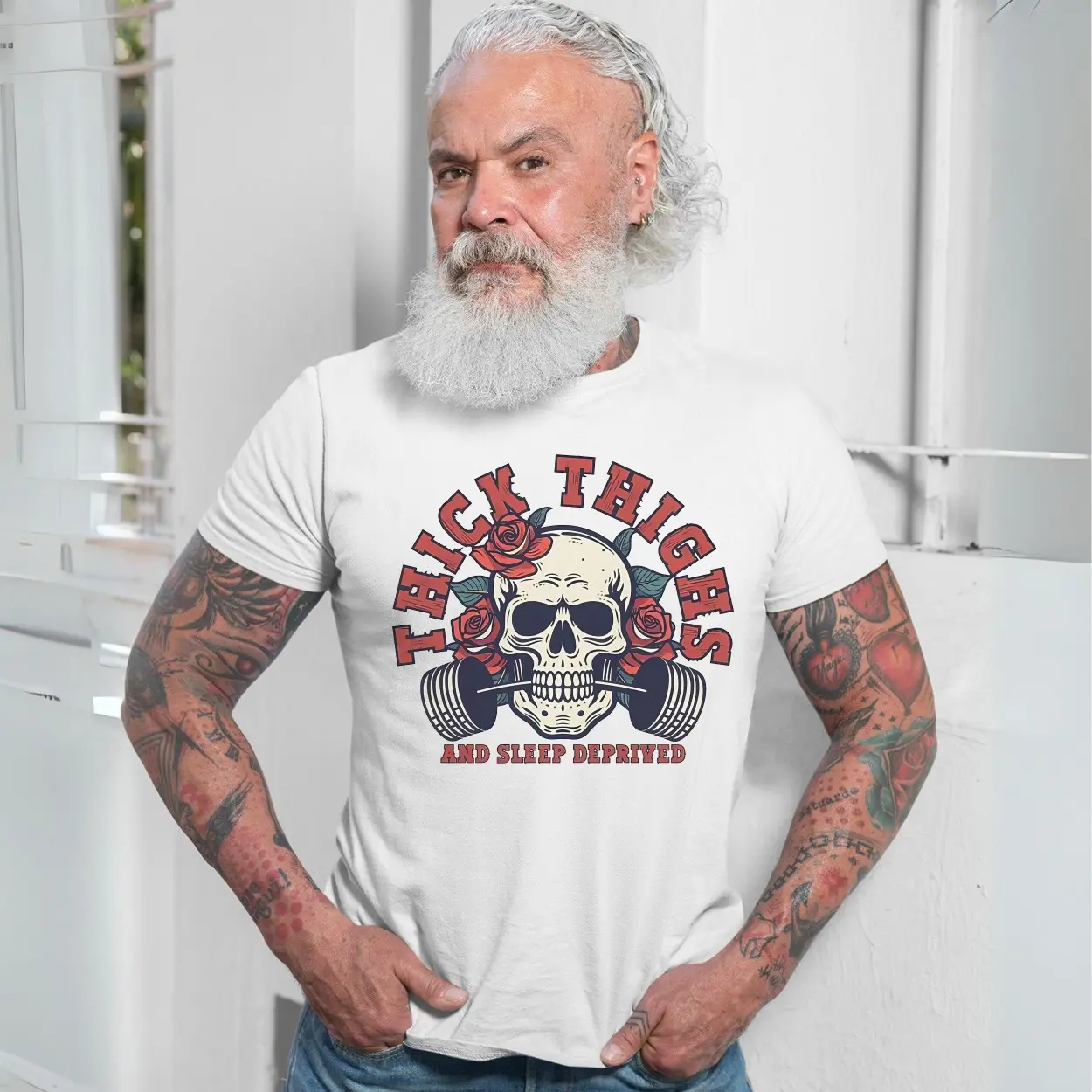 Thick Thighs and Sleep Deprived T Shirt E28093 Skull Barbell Gym Tee 7.jpg