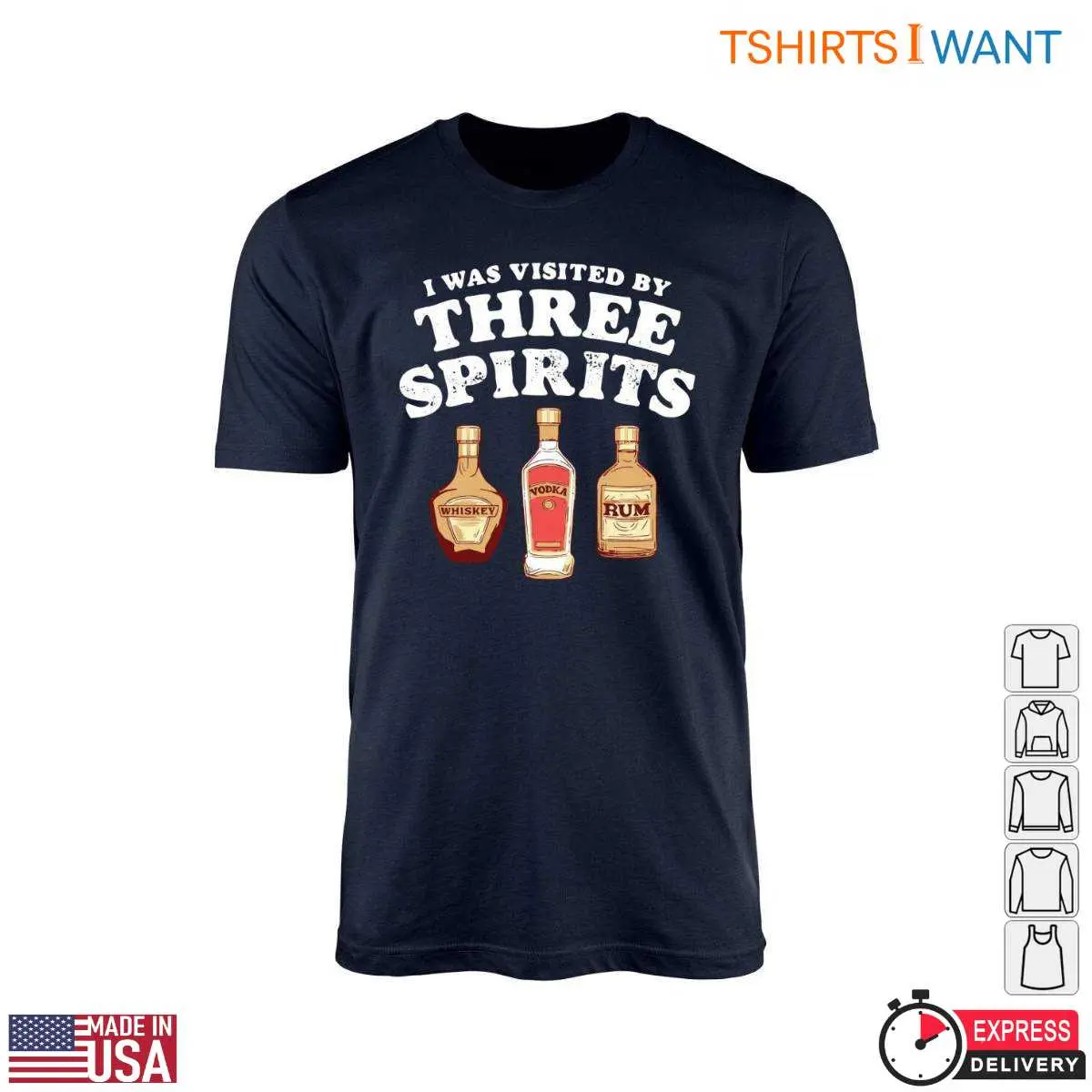 Three Spirits T-Shirt - Whiskey, Vodka, Rum Humor Tee 10 Three Spirits T-Shirt Front View