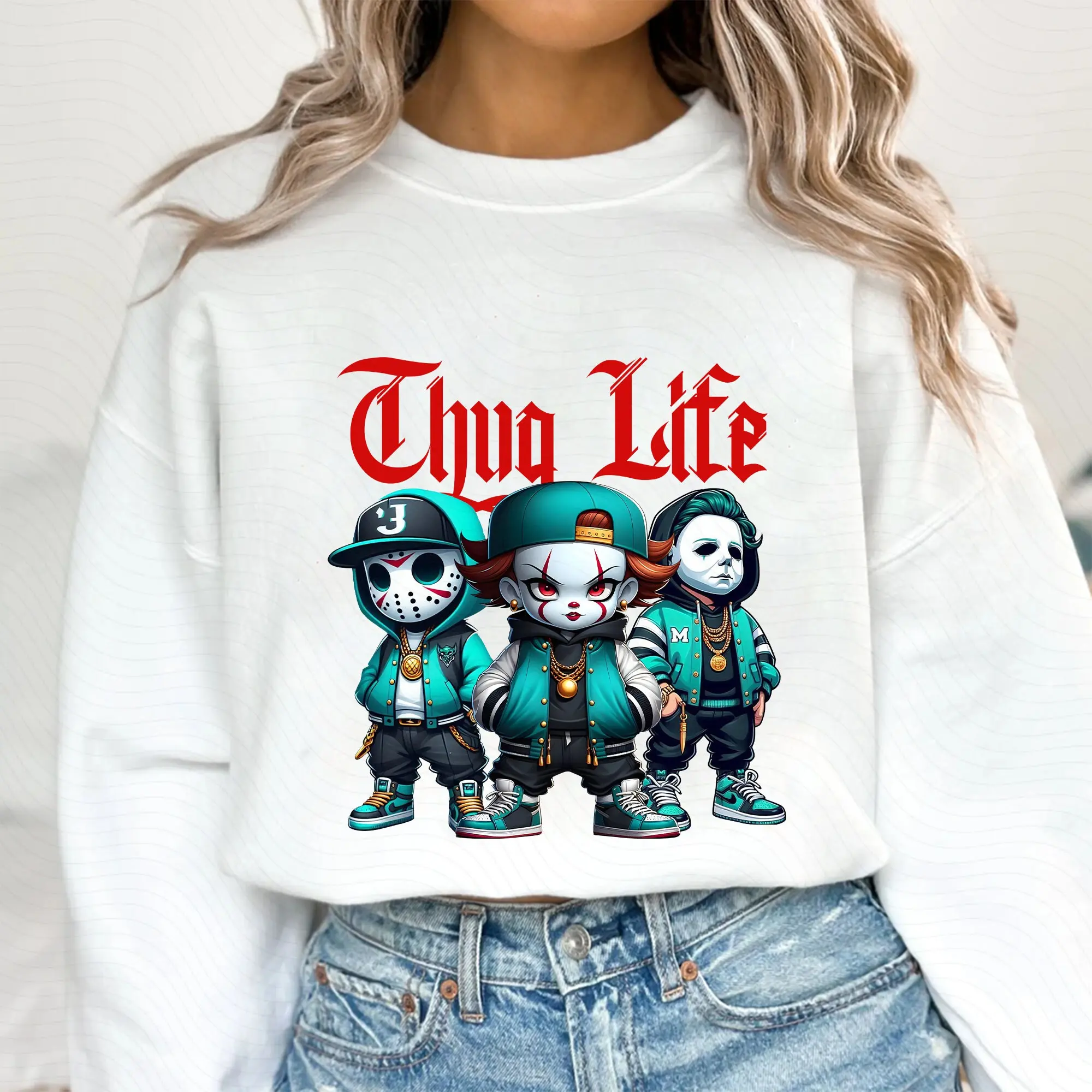 Thug Life Baby Horror Icons Sweatshirt – Cute Halloween Villains Crewneck 7