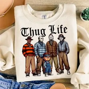 Thug Life Cholo Horror Icons Sweatshirt – Funny Halloween Villains Crewneck 1