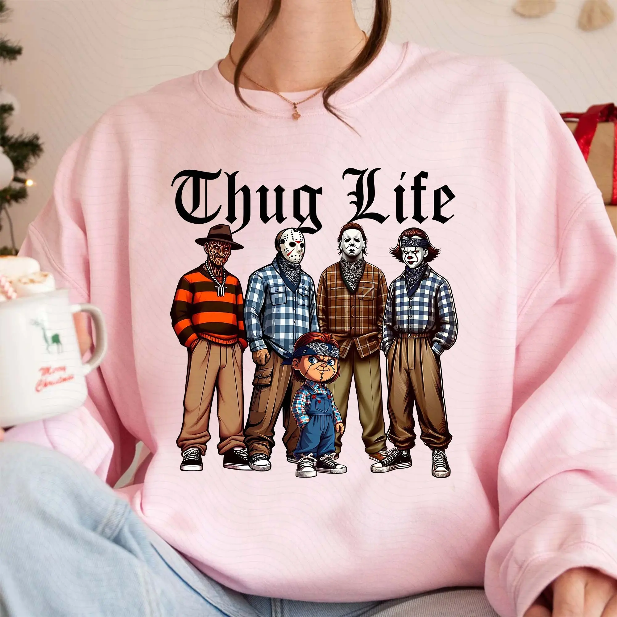 Thug Life Cholo Horror Icons Sweatshirt – Funny Halloween Villains Crewneck 6
