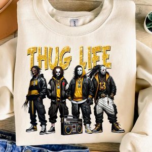 Thug Life Horror Icons Sweatshirt – Yellow Hip Hop Halloween Villains Tee 1