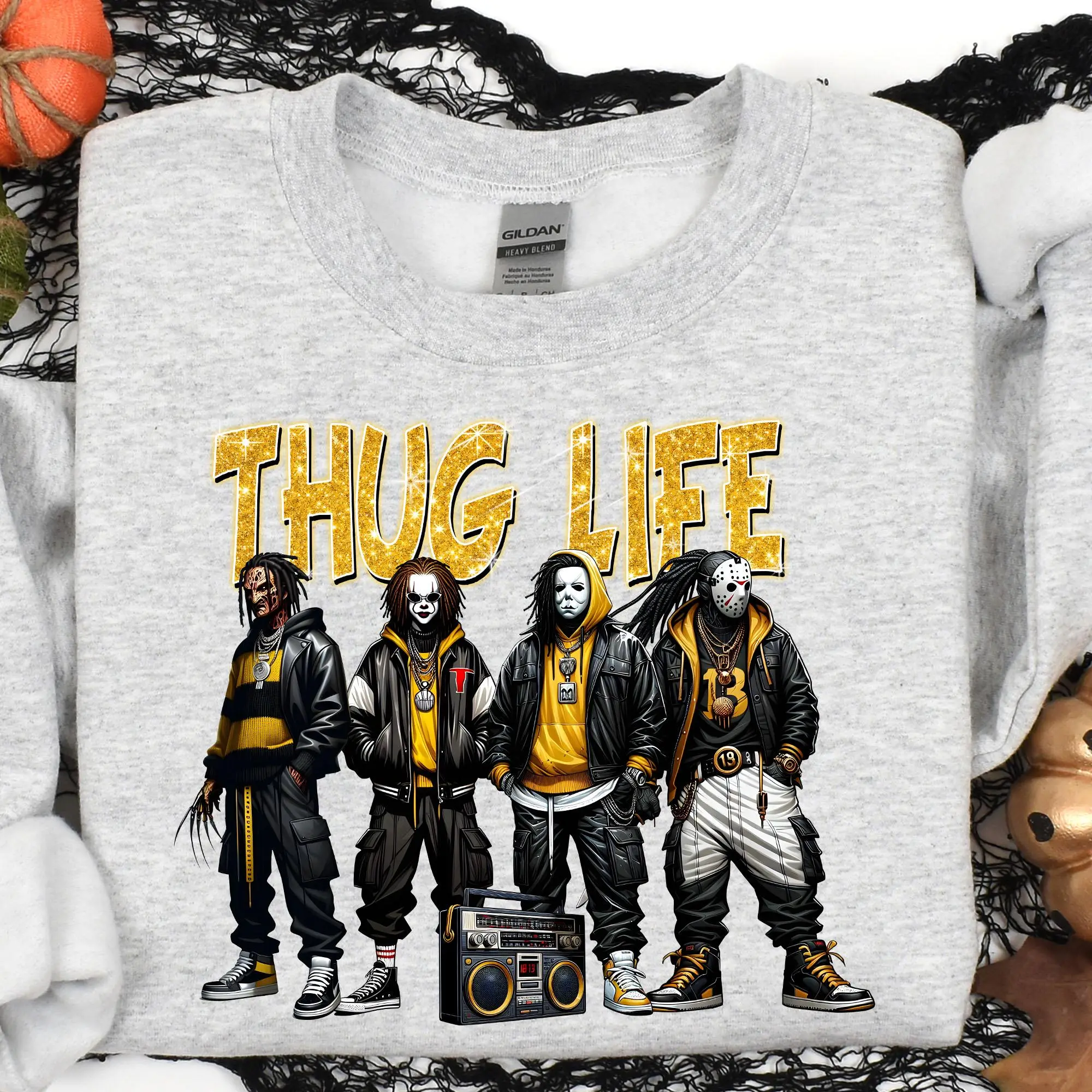 Thug Life Horror Icons Sweatshirt – Yellow Hip Hop Halloween Villains Tee 3