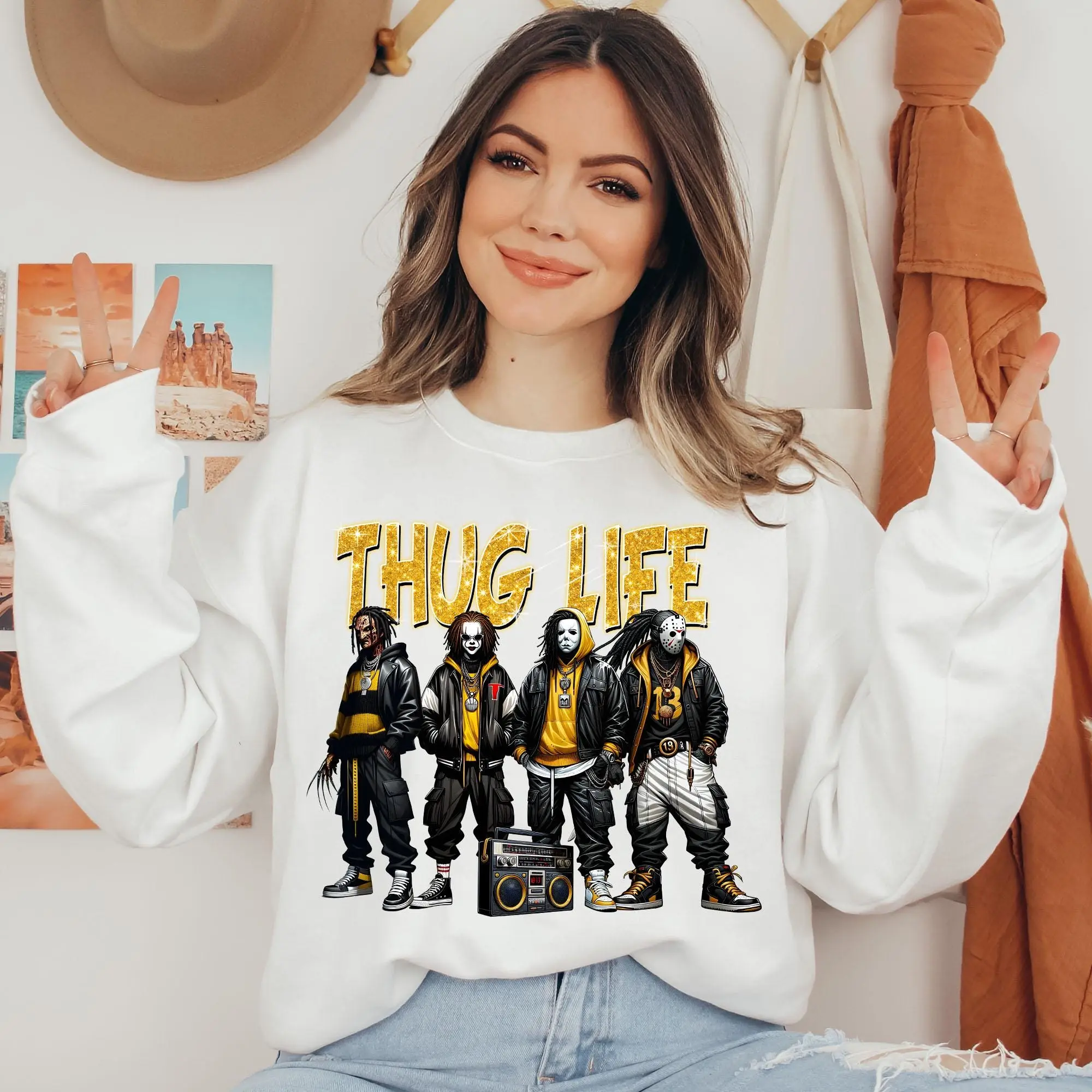 Thug Life Horror Icons Sweatshirt – Yellow Hip Hop Halloween Villains Tee 5