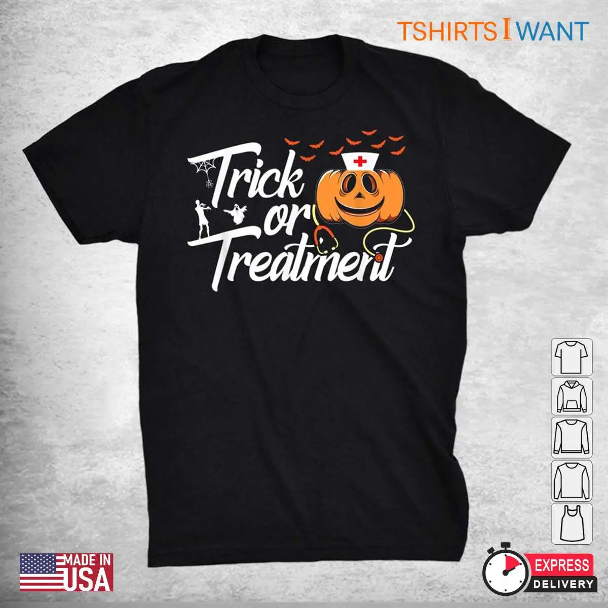 Trick Or Treatment Shirt: Funny Medical Personnel Nurse Halloween Costume Tee 8 Trick Or Treatment Halloween Shirt Design