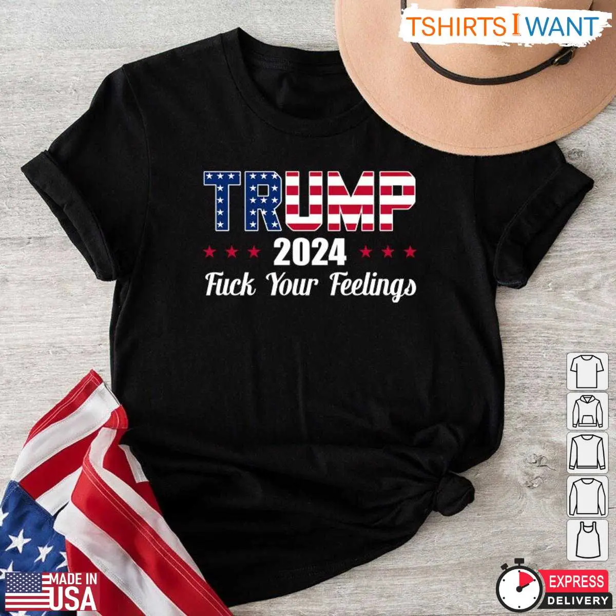 Trump 2024 T-Shirt - Bold Patriotic Slogan 'F Your Feelings' Tee 12 Trump 2024 T-Shirt Front View