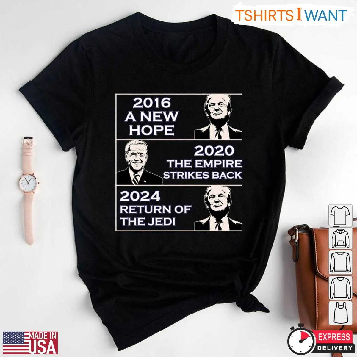Trump Biden Election Parody T-Shirt – 2016 A New Hope, 2020 The Empire Strikes Back, 2024 Return of the Jedi 12 Trump Biden Election Parody T-Shirt Front View