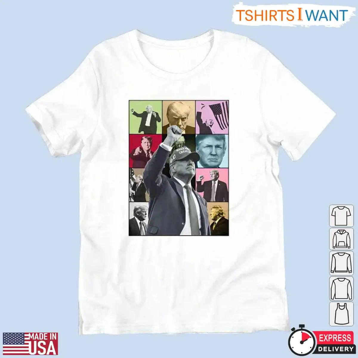 Trump Era Tour Pop Art T-Shirt – Colorful Patriotic Collage Design 10 Trump Era Tour T-Shirt Front View