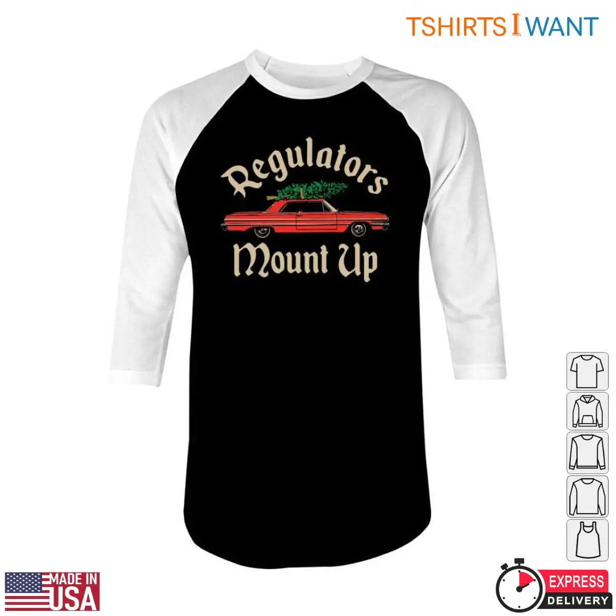 Vintage Car T-shirt – 'Regulators Mount Up' Christmas Holiday Shirt 11 Vintage Car Christmas T-Shirt Model View