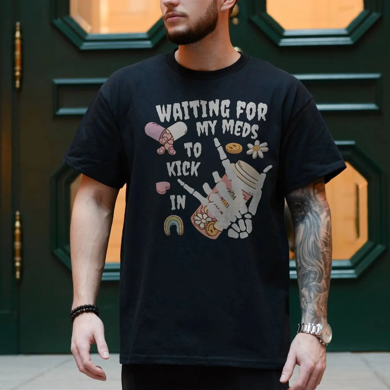 Waiting For My Meds To Kick In Skeleton Hand T Shirt 4 1.jpg