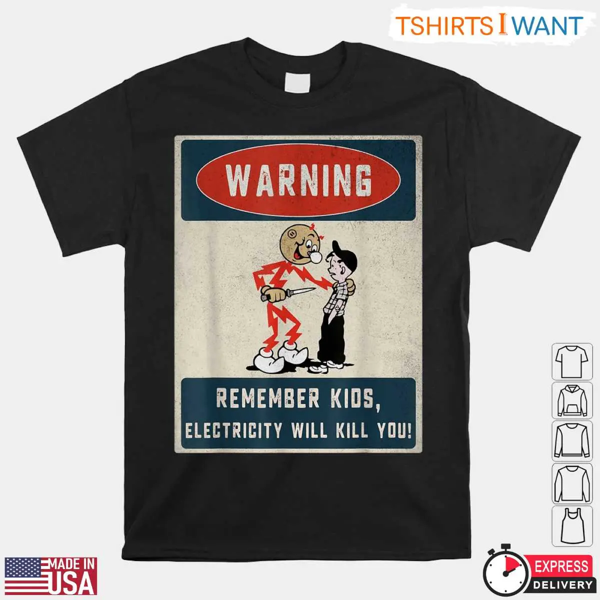 Warning Kids Vintage Style Electricity Safety Reminder Shirt 8 Warning Kids Vintage Style T-Shirt Front View
