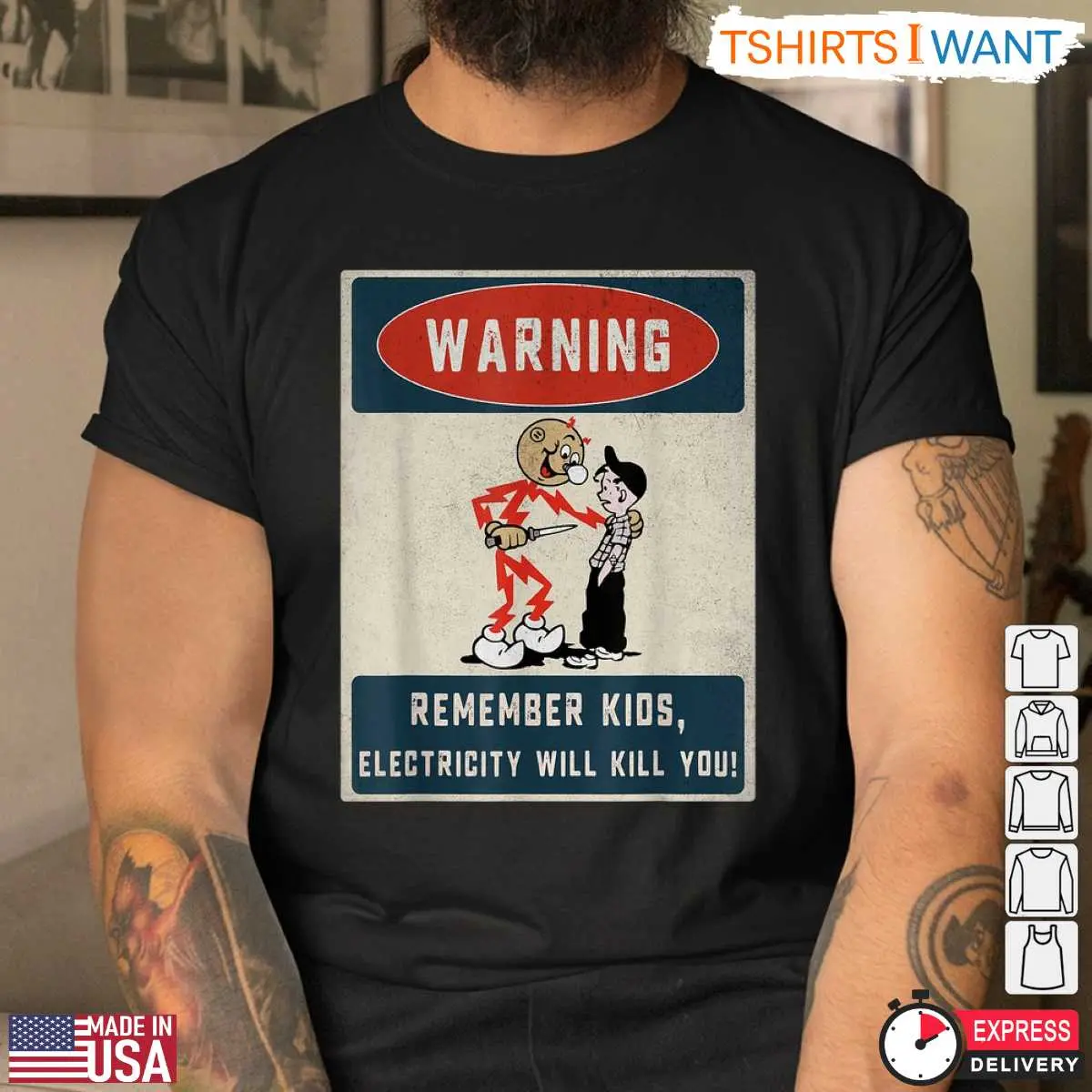 Warning Kids Vintage Style Electricity Safety Reminder Shirt 9 Warning Kids Vintage Style T-Shirt Detail